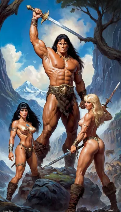 In a world where magic and monsters roam free, Conan, the barbarian with a massive build and impressive muscles, stood tall with his massive build and impressive muscles rippling with power. His sword was sharp and deadly as he fought against the