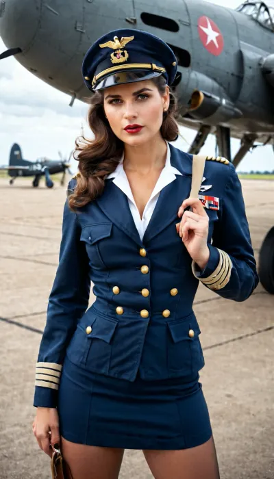 Julia Goerges, a young adult girl with military background, was photographed in the style of the 1940s wearing a navy uniform with open jacket and skirt. She stood in front of an airfield with a plane pilot cap on her head and
