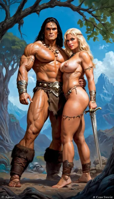 Conan, the Barbarian, was a fierce warrior with a massive sword and impressive physique. He had blue eyes that sparkled in the sunlight and long blonde hair that cascaded down his back. His muscles rippled as he swung his mighty sword