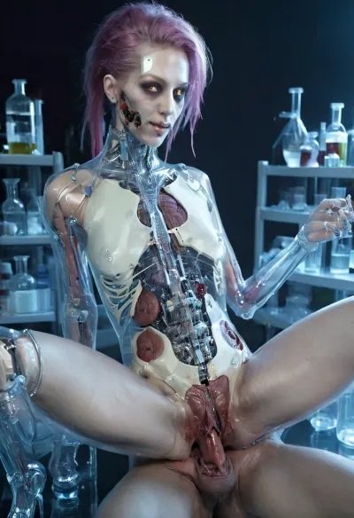 照片中的女人长长的,流着的头发和一个剃光的身体. 她穿着高质量的高科技内衣,在自己一幅巨大的照片面前摆姿势,双腿张开,张开大张. 摄像头后面的那个人