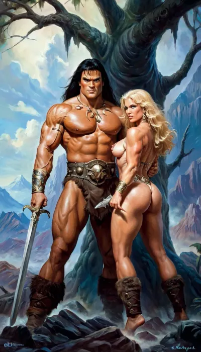 Conan, the Barbarian, was a powerful warrior with a massive build and impressive strength. He wielded his mighty sword with deadly precision, taking down enemies with ease. His blue eyes were piercing and his blonde hair shone in the sunlight