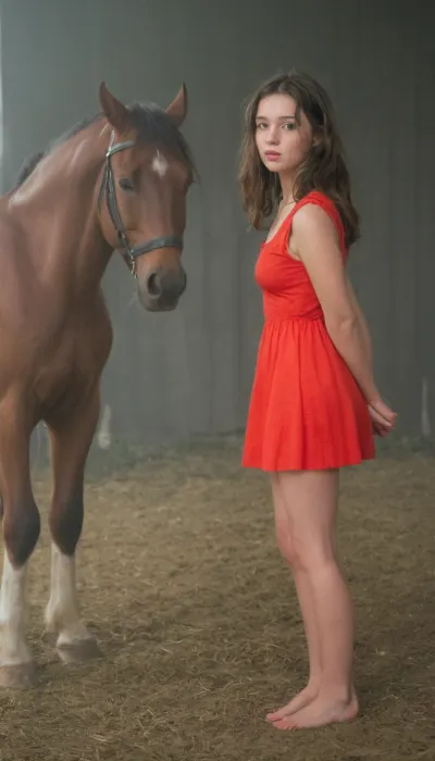 The farm girl takes pictures of herself with her phone, standing next to a large horse in a barn on a farm