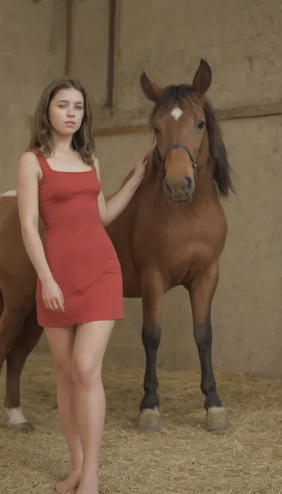 The girl stood in the barn, her plump wide ass and heavy breasts straining against her tight dress. She took a picture of herself with a wide-angle lens, showing off her athletic thighs and big ass