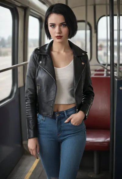 A woman with pixie haircut and black leather jacket stands in front of a bus scene, wearing a leather jacket and jeans. She has blonde hair, blue eyes, and freckles on her face. Her lipstick is red and she looks