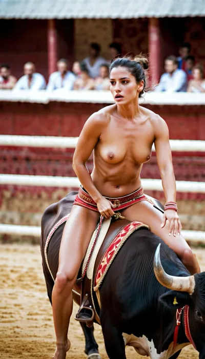 Una chica española desnuda montó un toro durante una corrida de toros, su cuerpo brillando con sudor mientras cabalgaba el animal. La multitud aplaudía y aplaudía, sus ojos pegados a la pantalla erótica