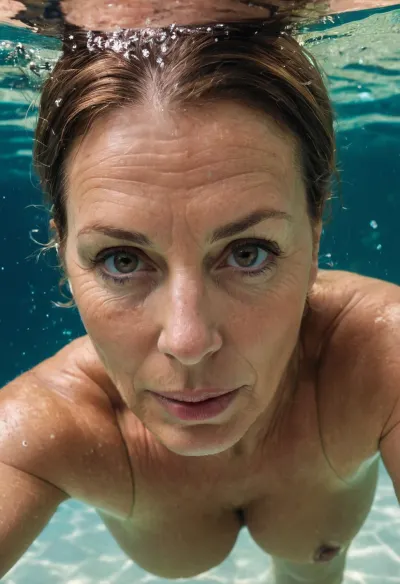 Una donna matura con grandi seni e una faccia bubbly era tuffarsi e nuotare sotto l'acqua, catturando la sua faccia nella foto