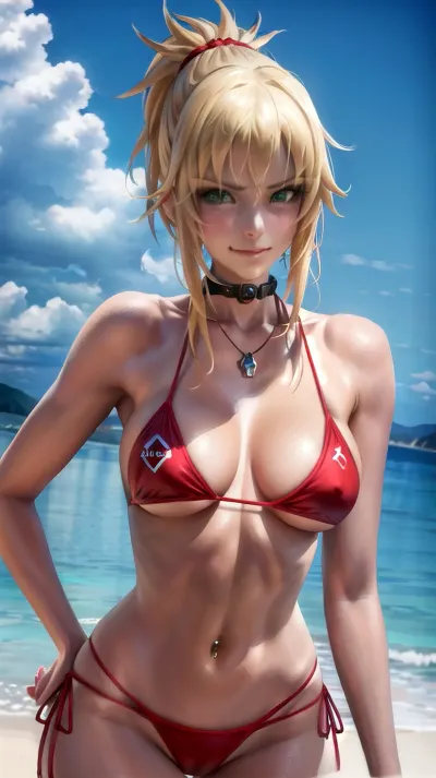 L'IA a généré une image porno d'une femme mature de haute qualité et de haute résolution, portant un bikini de 8k, se concentrant sur les yeux du spectateur. La femme a des lèvres rouges naturelles et un bas de bikini latéral qui montre son corps tonique