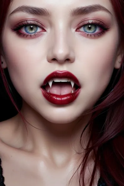 Una donna con gli occhi azzurri e le labbra perfette era un vampiro, con i suoi occhi blu perfetti scintillanti nello sguardo della telecamera. Aveva una bocca sanguinante e delle zanne che mordeva sul collo della sua vittima, sfidando chiunque a sfidare il suo potere