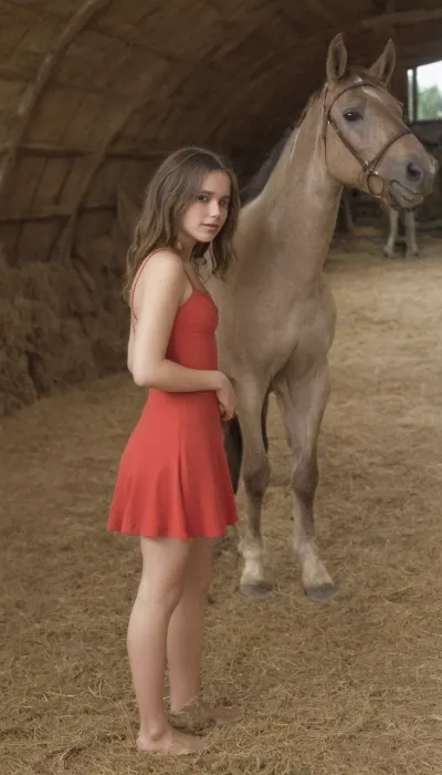 The farm girl lifts her wide ass in the air, showing a plump wide ass in a red summer dress and standing next to a large horse on a farm