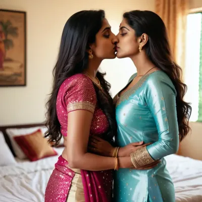 一个穿着闪闪发光的萨尔瓦的女人站在卧室里,她的乳房在靠着亲吻她的情人时摇晃. 女人的长发在背上伸展 穿着性感的红内衣 拥抱着