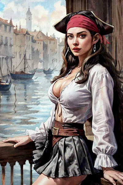 Amelia, a young pirate girl, discovered the art of smirking in front of a mirror and loved how it made her look even more alluring. She began to practice smirking in front of the mirror while wearing nothing but a big