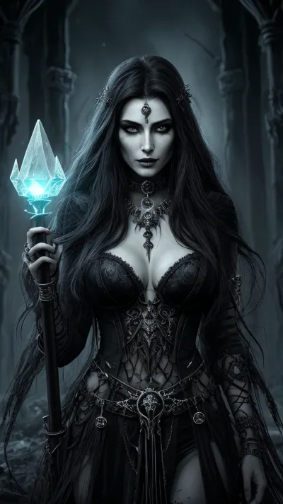 Lilith, a powerful necromancer priestess with alluring dark beauty and commanding presence, wields a staff topped with a glowing crystal that pulses with an otherworldly energy. Her name is feared by those who know her, and she
