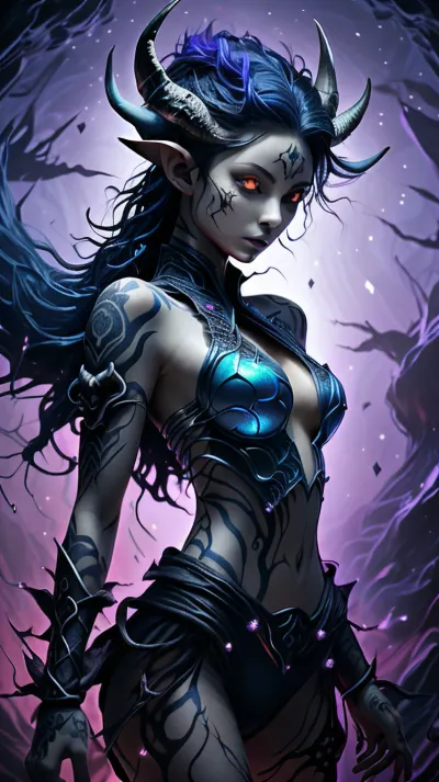 胸部小而乳头蓬勃的女孩走过一个黑暗的洞穴,她的翅膀在她身后扇动. 她肩上有龙纹,并穿比基尼盔甲由鳞片制成. 她的角滴着水晶清晰