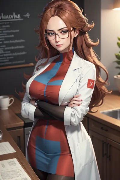 The woman in the labcoat with large breasts was wearing a checkered dress and black pantyhose. She had defa21 glasses on her face, and she was looking at a picture of an AI-generated masterpiece. Her furrowed