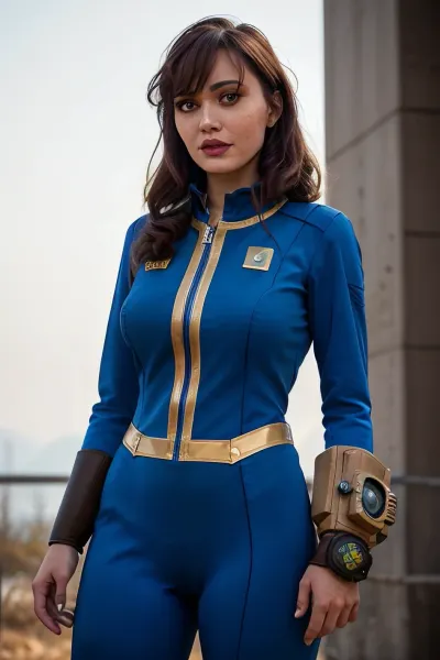 woman, ellpur, long hair, bangs, black hair, nighttime, wearing vaultsuit, number 33 on the back, masterpiece, bokeh, 8k, uhd, (vaultsuit with pipboy3000 on wrist), standing in a ruined city, professionally color graded, professional photography, well drawn, hyper realistic, ultra detailed, high quality, best quality, 4k, raw, vaultsuit, pipboy3000, <lora:ellpur-03:1>, <lora:talojivaultsuit:.5>