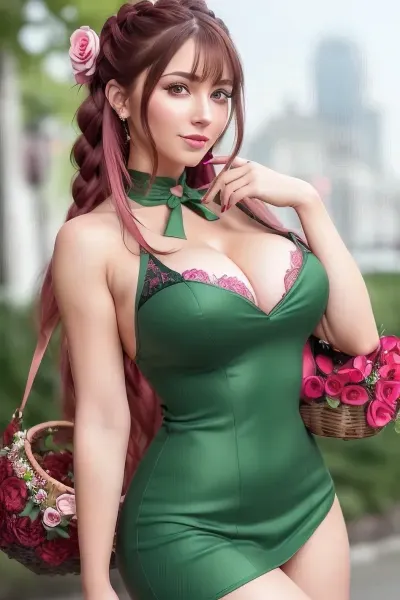 A young adult girl walked down the street with a warm and joyful atmosphere, wearing a warm smile on her face and having long braided ponytail. She had a perfect illumination, sharp image, layered bangs, and hair. Her body was