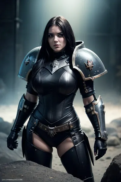 I am wearing the Black Templar warhammer 40000 space marine armor, standing in a world of warhammer 40000. The colors of the armor are black and red, and it is a picture that shows me standing in front of a