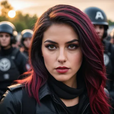 The woman was a fierce antifa activist, with her short hair and fierce expression. She wore a black shirt with the words "No Hate" written on it, and her face was painted in bright colors. She held a sign that read 