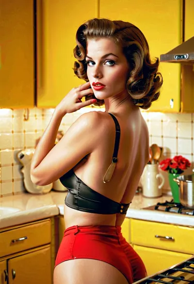 20世纪50年代,在20世纪50年代拍摄了一张厨房上性感姿势如模特的照片. 21岁女孩在厨房柜台上装扮成模特 双腿张开