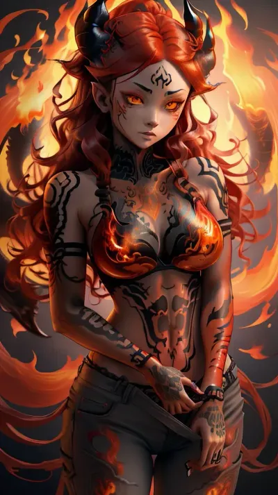 A detailed and intricate tattoo of a demonic red-haired girl with yellow eyes, wearing a bra and panties, with ultra-realistic features that made her look like she was about to come to life at any moment