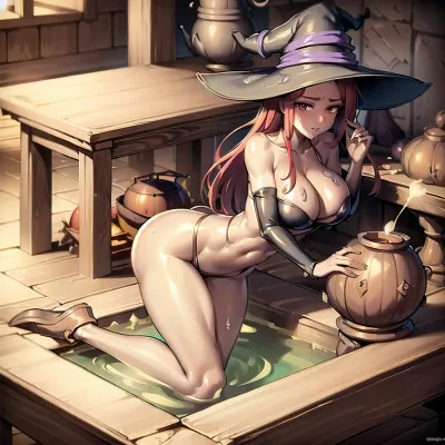 In the alchemy lab, a sexy witch with perfect tits sat in a cauldron of cum bath. She was wearing a multicolored potion-filled bikini and had her lower body submerged in the potion. The alchem