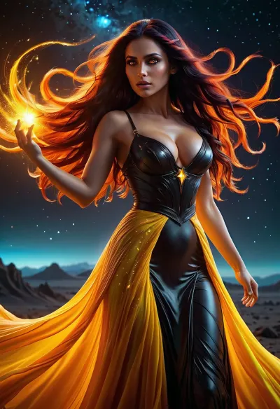 La mujer con los brillantes tres rojos amarillos bailaba en el espacio abierto entre las estrellas, su vestido largo y profundo escote mostrando sus enormes pechos. Tenía una estrella en su mano derecha, brillante neon sci-fi ral-lava
