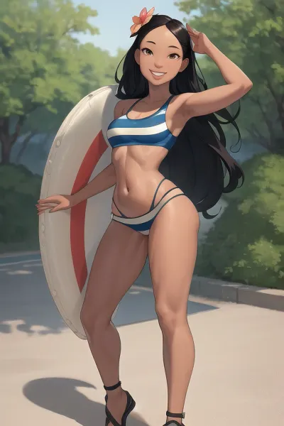 Nani Pelekai, a one-piece swimsuit model with long hair and full body, stands tall in a midriff top with black hair and brown eyes. She has a sexy smile and is wearing striped bikini bottoms. Her