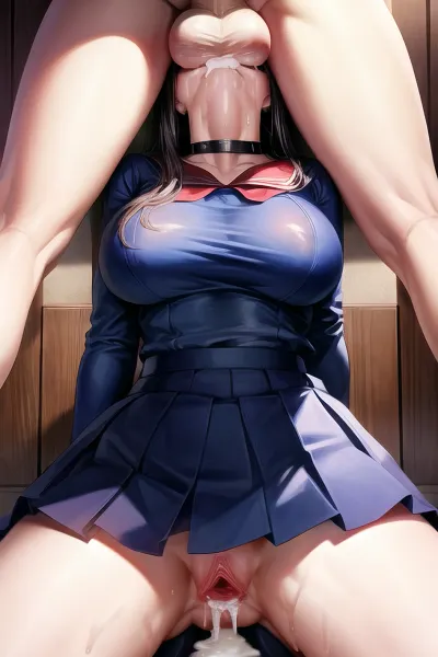 照片中的女人穿着白色衬衫和讨人喜欢的裙子,低头跪在地上. 她的乳房很大,通过衬衫的颈部可见,通过颈部可见她的乳沟