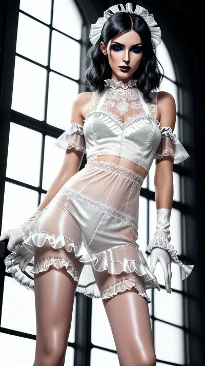 Das Mädchen auf dem Foto trägt einen engen Lederrock und Ernte oben, mit High-Heeled Stiefeln. Sie hat symmetrische Augen, volle Lippen und ein feines Detail. Ihr Haar ist kurz und dunkel, mit einem Goth-Look. Sie ist