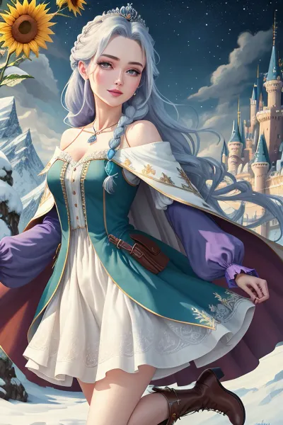A stunning picture of a beautiful castle with a backdrop of the best quality, featuring Anna and Anna standing behind each other in front of the castle, wearing long-sleeved white dresses with black bodices and purple capes. They were both looking
