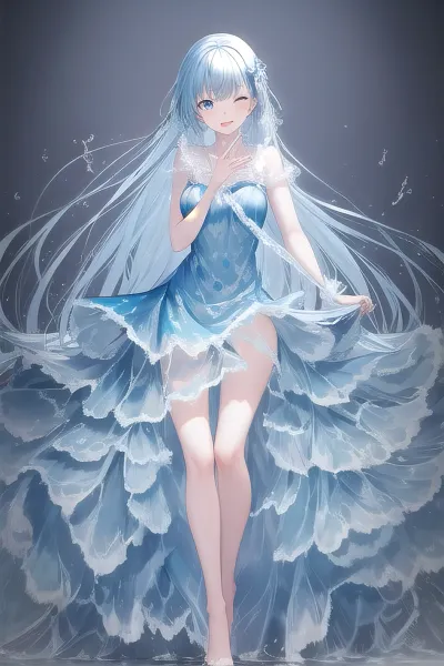 The girl stood in front of the mirror admiring her new outfit, a one-piece dress made of liquid clothes that flowed and moved with her every move. Her hair was long and blue, with blue nail polish on her toes. She smiled at