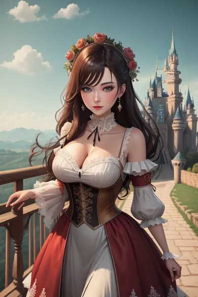 The princess stood in front of the castle, admiring the beautiful landscape. Suddenly, she heard a loud noise coming from behind her. She turned around and saw a group of cowboys riding their horses towards her. One of them had a gun pointed