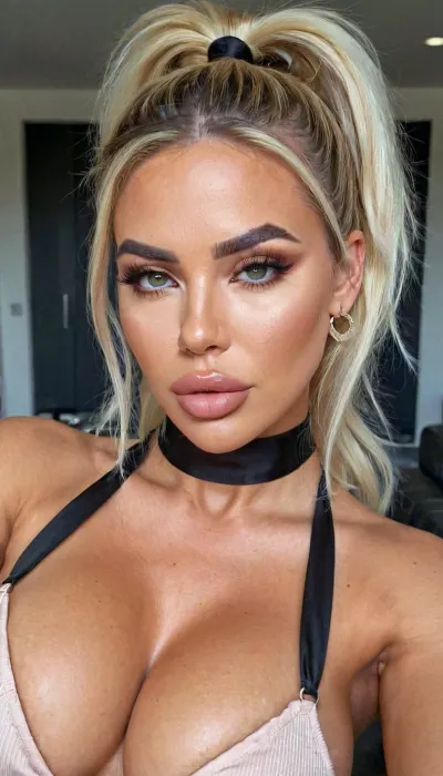A 40-year-old bimbo with a fake tan and fake silicone body poses seductively in front of the mirror, showcasing her perfect curves. She runs her hands through her tousled hair and smiles seductively at the camera