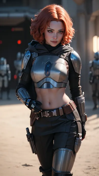 The Jedi woman with cyberpunk armor and a smile on her face was captured in mid-stride, her hooded cloak billowing behind her as she held a lightsaber in one hand and the other outstretched towards the camera. Her curl