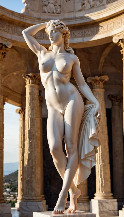 The photorealistic AI generated image of a polychromic goddess standing in front of a marble statue with perfect polychromic skin, white marble greek statue hands, impressive polychromic goddess legs, fit polychromic goddess hands, open poly