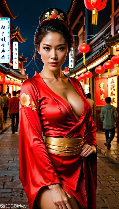 Eine Frau in einem roten erotischen chinesischen Kleid wird in einem dimly beleuchteten Raum, ihre glatten Linien und scharfen Fokus die Aufmerksamkeit des Betrachters erfassen. Das Ölgemälde von Ed Blinkey ist ein Meisterwerk, das die Essenz dieses Porträts mit scharfen