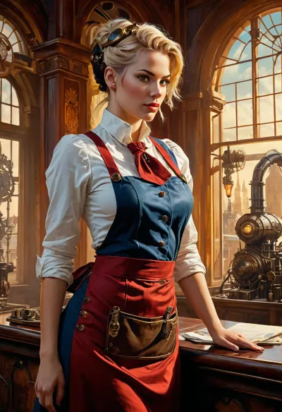 Lady Mechanika" by Greg Tocchini is a hyperrealistic painting of a steampunk hotel lobby with a dark blue color scheme and clean lines. The picture features an accurate depiction of Lady Mechanika's outfit, which includes a sexy