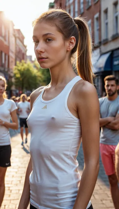 La fille sur la photo porte une chemise athlétique qui s'accroche à son corps, révélant ses bras tonifiés et son estomac. Elle a une taille mince et un ventre plat, sans signes visibles de graisse. Son regard sans bras est souligné par le