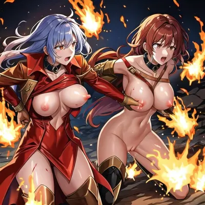 two women with their breasts on fire, screaming, pussy, blood, hitting, knocked out