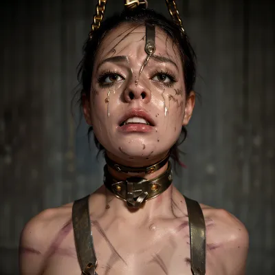 woman, gorgeous african-american, young, skinny, little princess, young face, nosehook, high quality, highly detailed, high resolution, 8k, ultra realistic, highly illuminated, intricate details, photo realistic, (bruise face, lash red marks:1.7), (tits roped by chains:1.5), ((metal hook)), (huge metal collar neck struggling her neck:1.6), prostitute, metal collar neck, rope neck, stuggle, in breast bondage, breast bondage, tied up, rope bondage, with her breasts tied up, full body, red lash marks, wide hips, (Film Photography:1.2), photorealistic, Hyperrealistic, Hyperdetailed, analog style, horror, (((crying facial))), expression, skin whip marks, distress, realistic, masterpiece, best quality, golden ratio, Intricate, High Detail, film photography, skin wounds, breast, bondage, tied, up, <lora:breast_bondage_v2:.7>, <lora:busted_v1:.5>, <lora:nosehook_v1:.8>