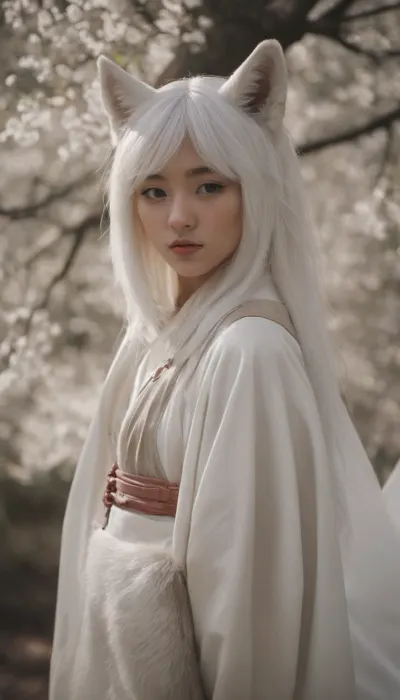 (They look like cute tall girls in Japanese miko costumes dressed up as white foxes.
Her hair is white.There is a sacred atmosphere. stand on an angle. have a halo of light Golden Background seed:563493888)