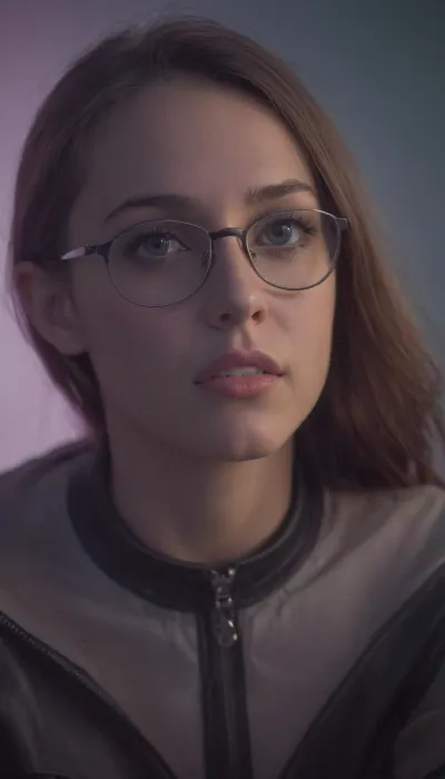 A young girl with glasses and a led flashlight discovers an AI assistant's picture of her wearing latex and a bright smile