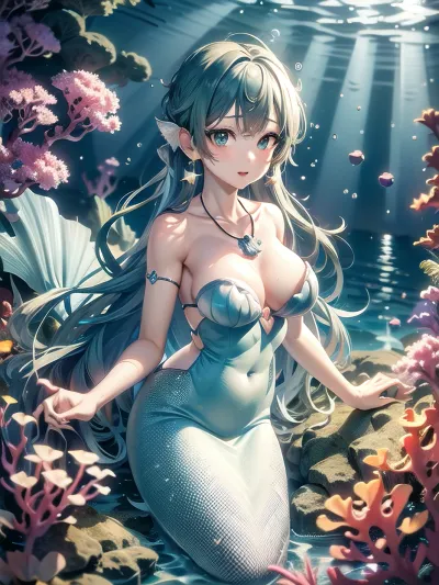 Mermaid, a mermaid girl with long hair and boobs, loved to swim in the deep blue sea. She wore a ho1 necklace with a picture of an oceanic creature and showed off her boobs to any passing fish