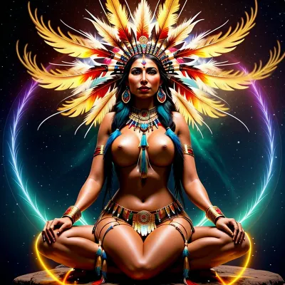 A woman in North American Indian culture had a vision of herself as an ethereal goddess, complete with flowing hair and radiant skin. She felt a surge of energy coursing through her body and saw another version of herself dressed in full regalia