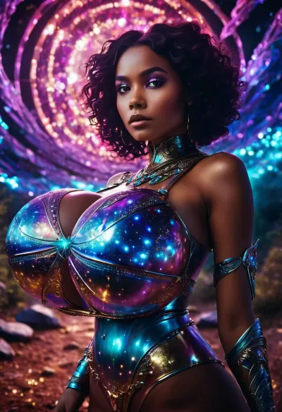 A young slim woman of color with GigaTits as intergalactic goddess, cosmic Fairy tale, epic