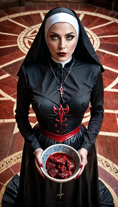 一个穿着撒旦修女的衣服和喇叭的女人将头饰上,站在地板上画的五角星前. 她被一圈火包围 眼睛充满了疯狂 她的表达方式是