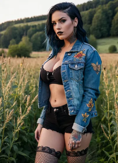 Una donna in una giacca di pelle, con tatuaggi sul braccio e con un paio di jeans denim, si trova di fronte a un bellissimo prato con erbe alte che nuotano nel vento. Ha grandi tette che sono perfettamente visibili attraverso