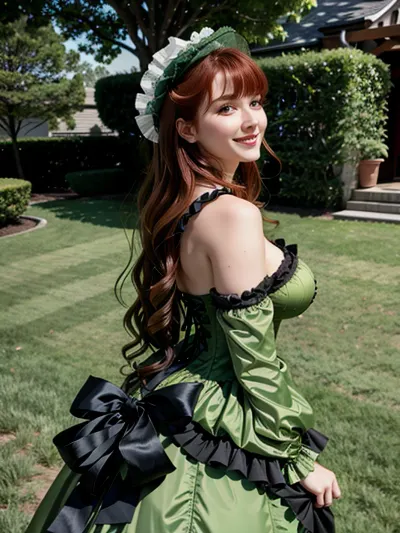 Eine atemberaubende Frau in einem 4k-Bild mit Vollkörperaufnahme, tragen eine Korsett mit langen Haaren und perfektem Gesicht, zeigen ihre schöne Spaltung und grüne detaillierte Korsett. Sie hat lange Haare und ein perfektes Gesicht, Blick über ihre Schulter mit einem