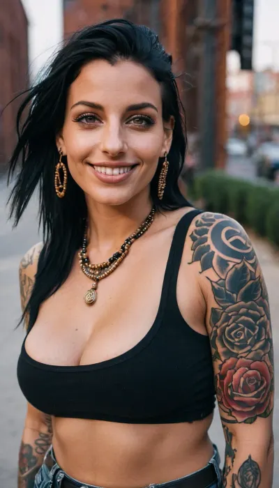 Resimdeki kadın dövmeler ve piercings ile bir punk rocker, büyük saggy göğüsler, bronz tan deri ve mutlu bir gülümseme. Birçok dövme ile bir grunge kıyafeti var ve bir şehir önünde duruyor
