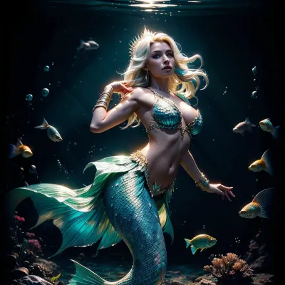 The young mermaid swam up from the deep see towards the sun rays, her long hair flowing behind her. She was an ultra-detailed 8k photo realistic masterpiece with high quality and low key background